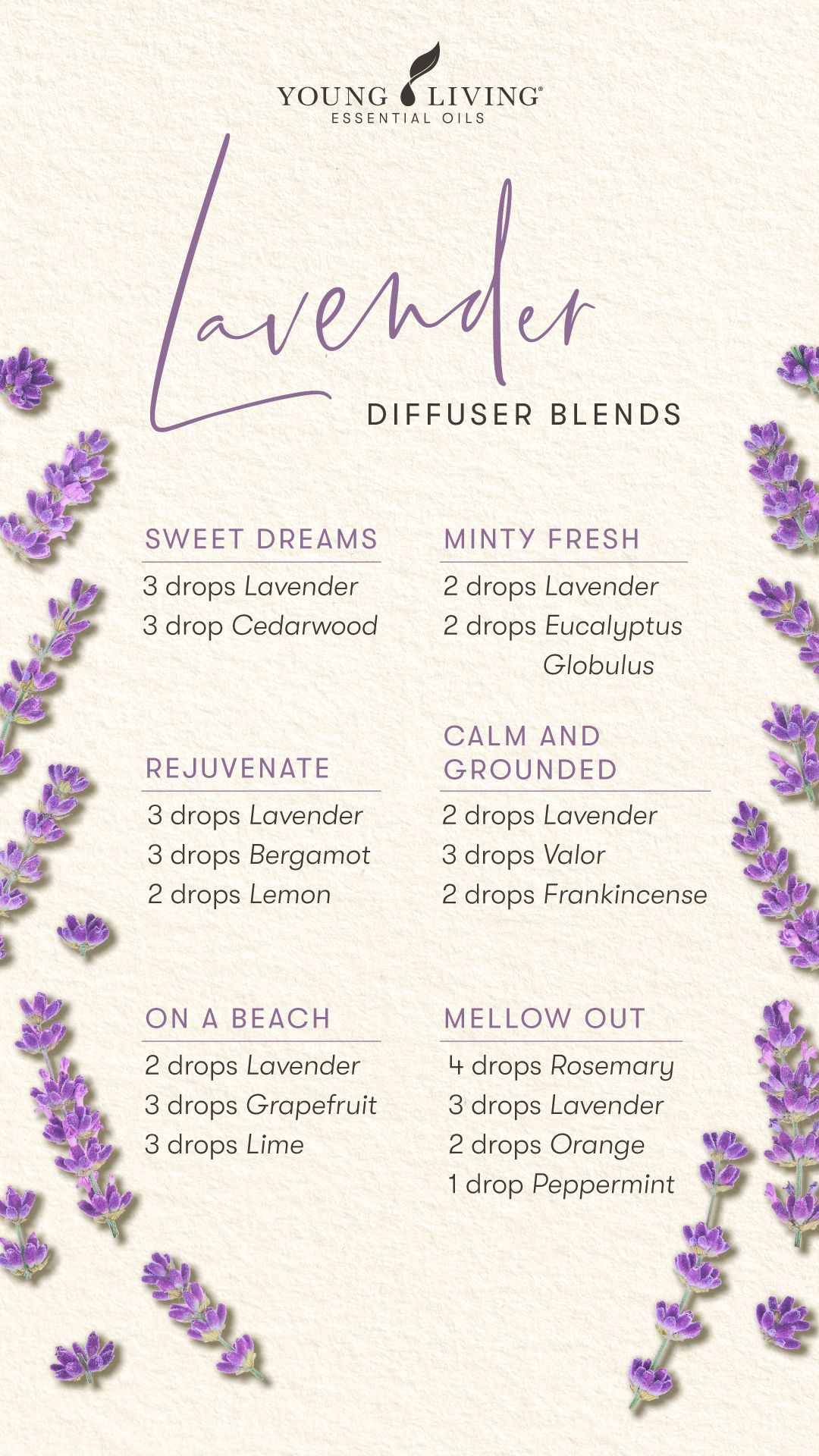 Take some time to yourself today and make your home smell fresh with these Lavender essential oil diffuser blends! Sweet Dreams (Lavender, Cedarwood), Minty Fresh (Lavender, Eucalyptus Globulus), Rejuvenate (Lavender, Bergamot, Lemon), Calm and Grounded (Lavender, Valor, Frankincense), On a Beach (Lavender, Grapefruit, Lime), and Mellow Out (Rosemary, Lavender, Orange, Peppermint). #spring #seasonal #cleanhome #ylathome #diffuserblend #essentialoils #aromatherapy #yleo #youngliving Young Essential Oils, Relaxing Essential Oils, Essential Oil Candles, Essential Oil Diffuser Blends, Essential Oils Rosemary, Cedarwood Essential Oil Uses, Lavender Essential Oil Uses, Valor Essential Oil, Bergamot Essential Oil