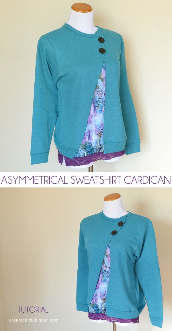 Turn a sweatshirt into a fun, asymmetrical cardigan with scissors and buttons! Diy Sweatshirt, Sweatshirt Makeover, Hoodie Pillow, Diy Clothing, Sewing Clothes, Alter Pullover, Fitness Hose, Asymmetrical Cardigan, Couture Mode