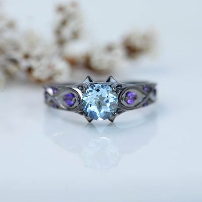 14K Black Gold Aquamarine Celtic Engagement Ring - Giliarto Aquamarine Rings, Sapphire Ring, Amethyst, Celtic Engagement Rings, Moissanite Engagement Ring, Black Gold, 14k Yellow Gold, Matching Band, Natural Forms