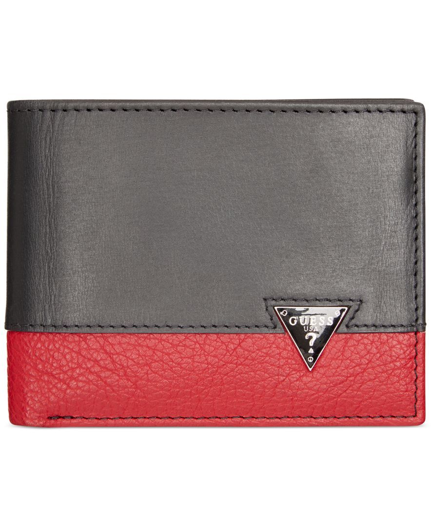New Guess Men/'s Wallet Black//Red Leather Double Billfold Credit Cards