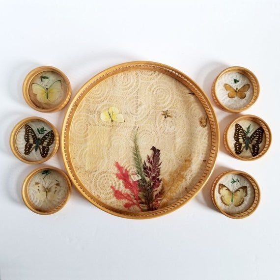 Drink Utensils Barware Decorative Coasters Vintage Home Decor Vintage Rattan Coaster Set with Rattan Caddy Tray Butterfly Decor