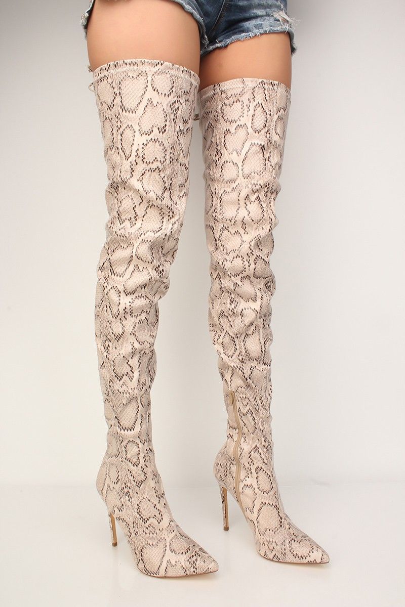 Brown Snake Thigh High Boots Faux Leather | Thigh high boots, High heel boots, Thigh high boots