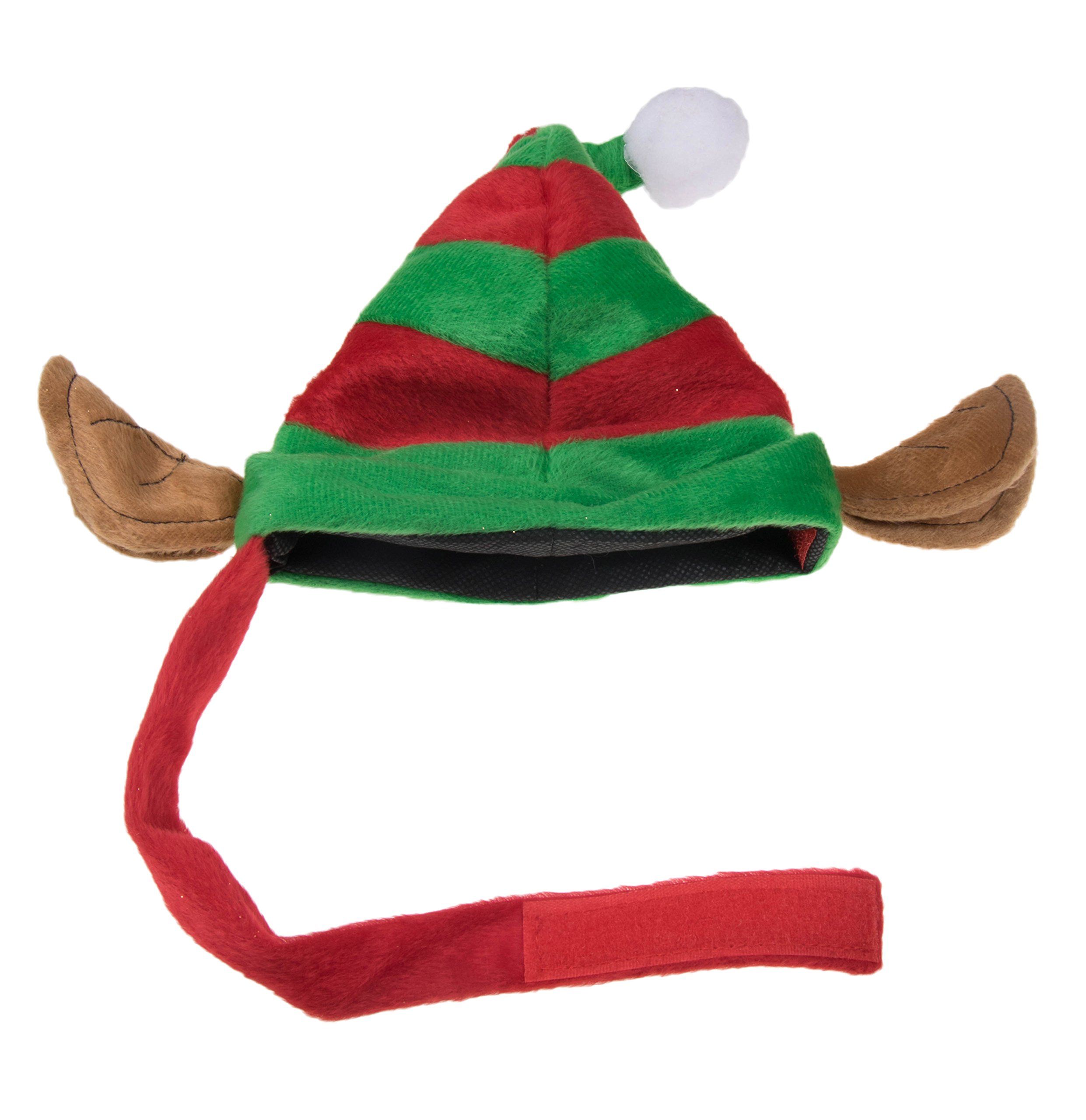 Red and Green Striped Christmas Elf Hat with Ears and Pom Pom