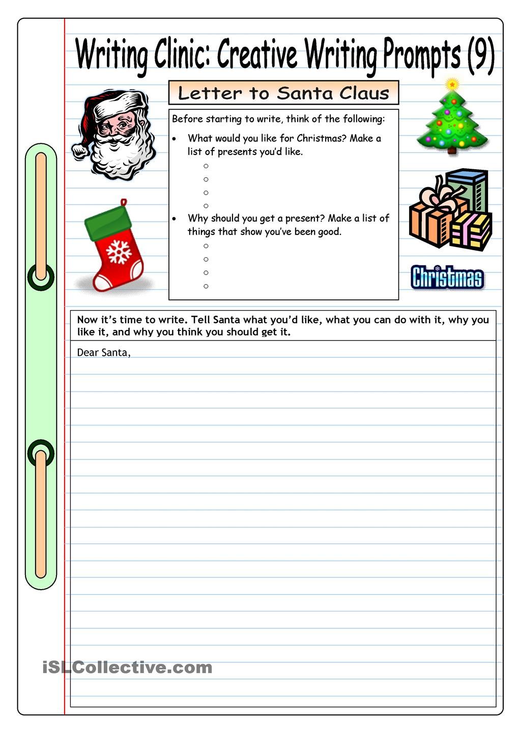 worksheet Creative Writing Prompts Worksheets writing clinic creative prompts 9 letter to santa claus worksheet free esl printable worksheets made by teachers