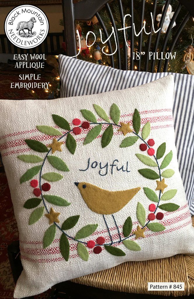 Joyful pillow pattern with wool Applique Wool Throw Pillow