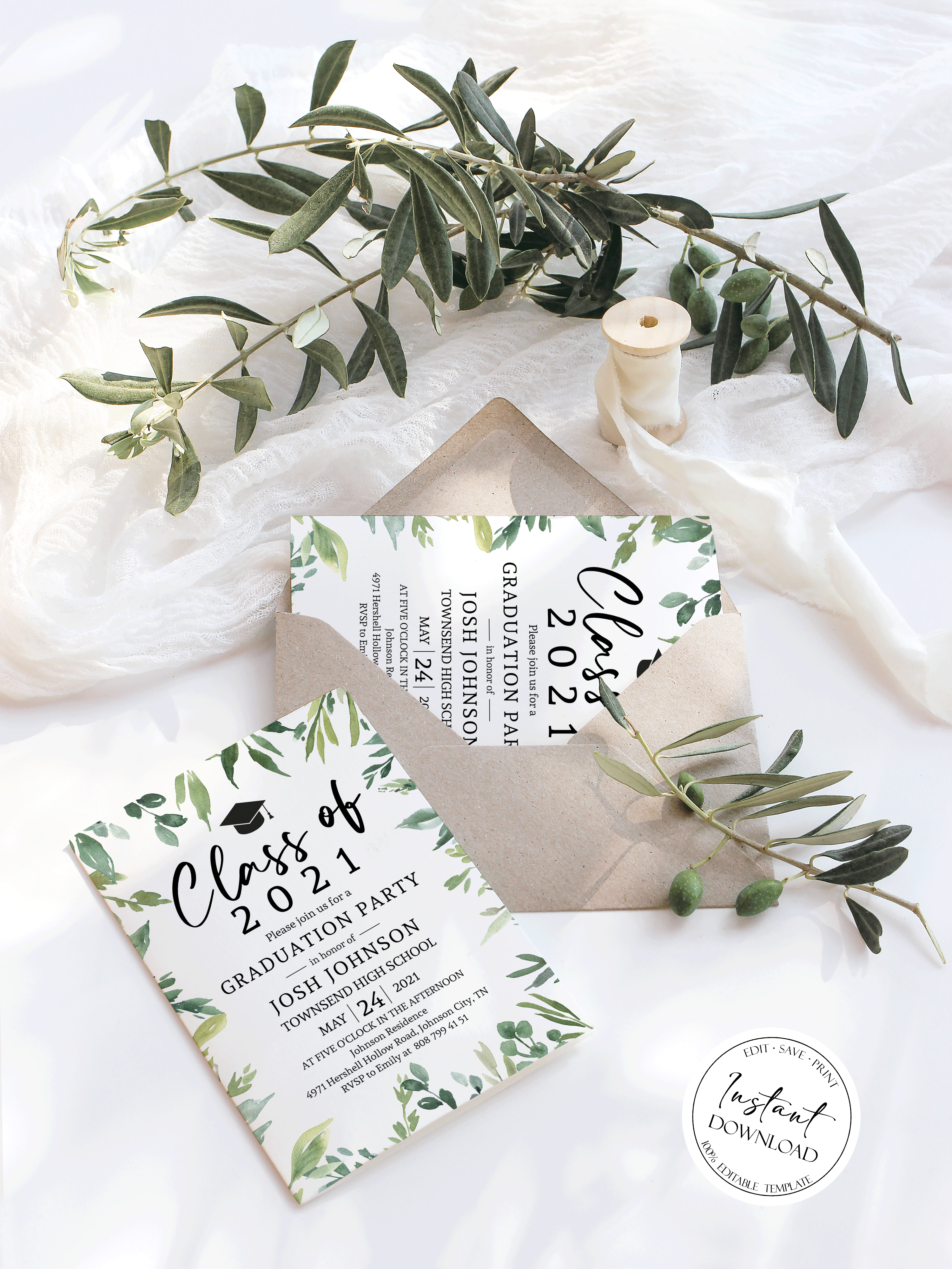 Greenery Graduation Invitation Template, Graduatio Greenery Graduation Invitation Template, Graduatio