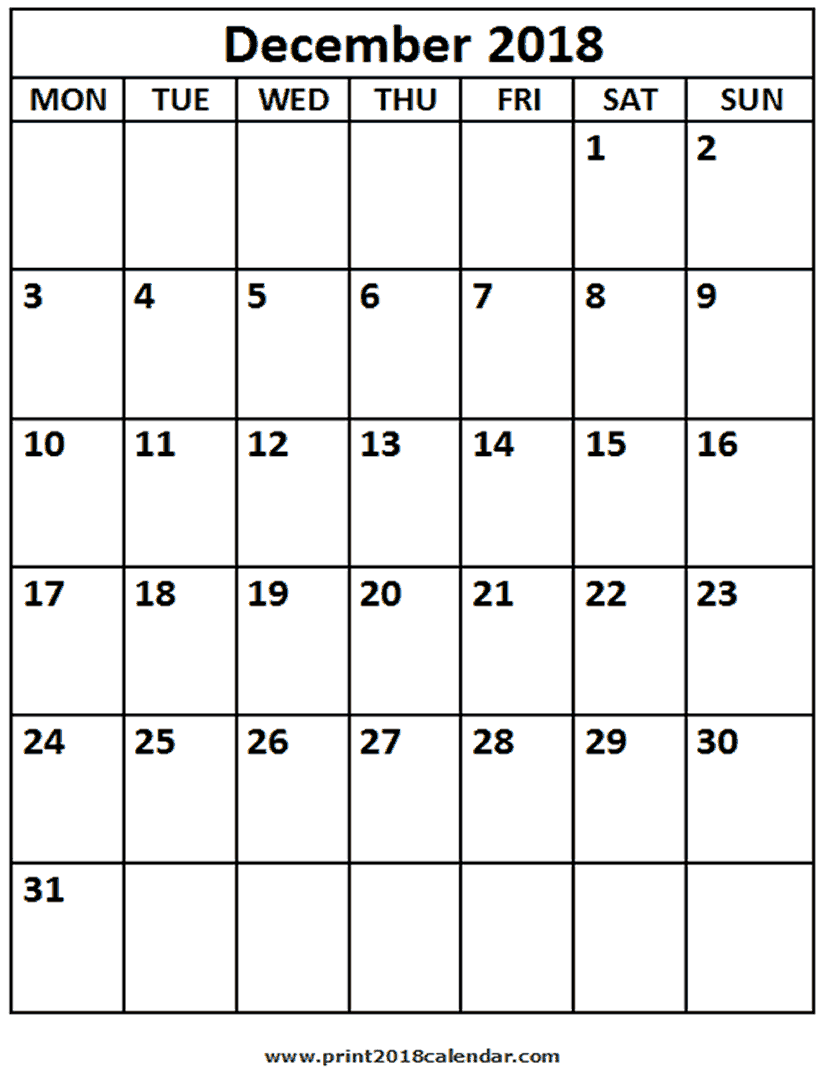 december 2018 calendar in