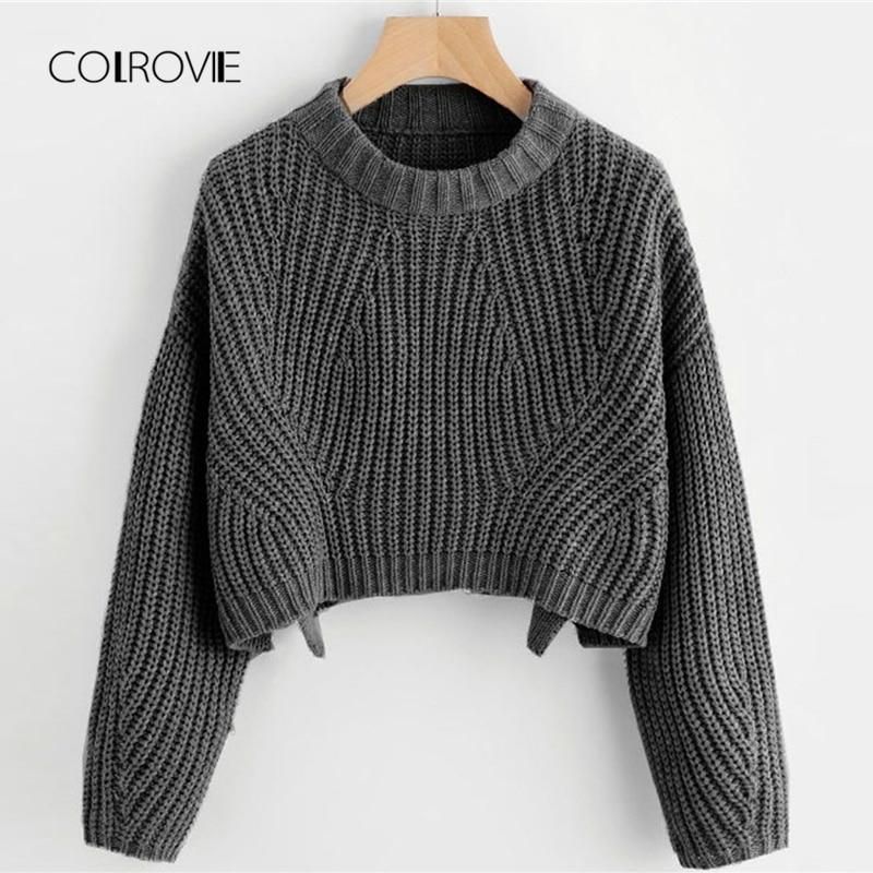 COLROVIE Split Solid Korean Elegant Crop Grey Swea COLROVIE Split Solid Korean Elegant Crop Grey Swea