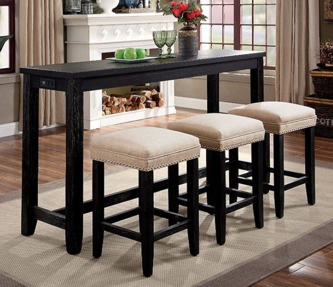 Cm3474pt 4pk Caerleon Antique Black Finish Wood Bar Table And Stools Set Pub Sets Bar Table And Stools Pub Sets, Wood Bar Table And Chairs