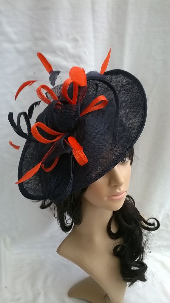 Navy Fascinator Hat With Orange Trim Feathers On A Headband Navy Fascinator Hat With Orange Trim Feathers On A Headband