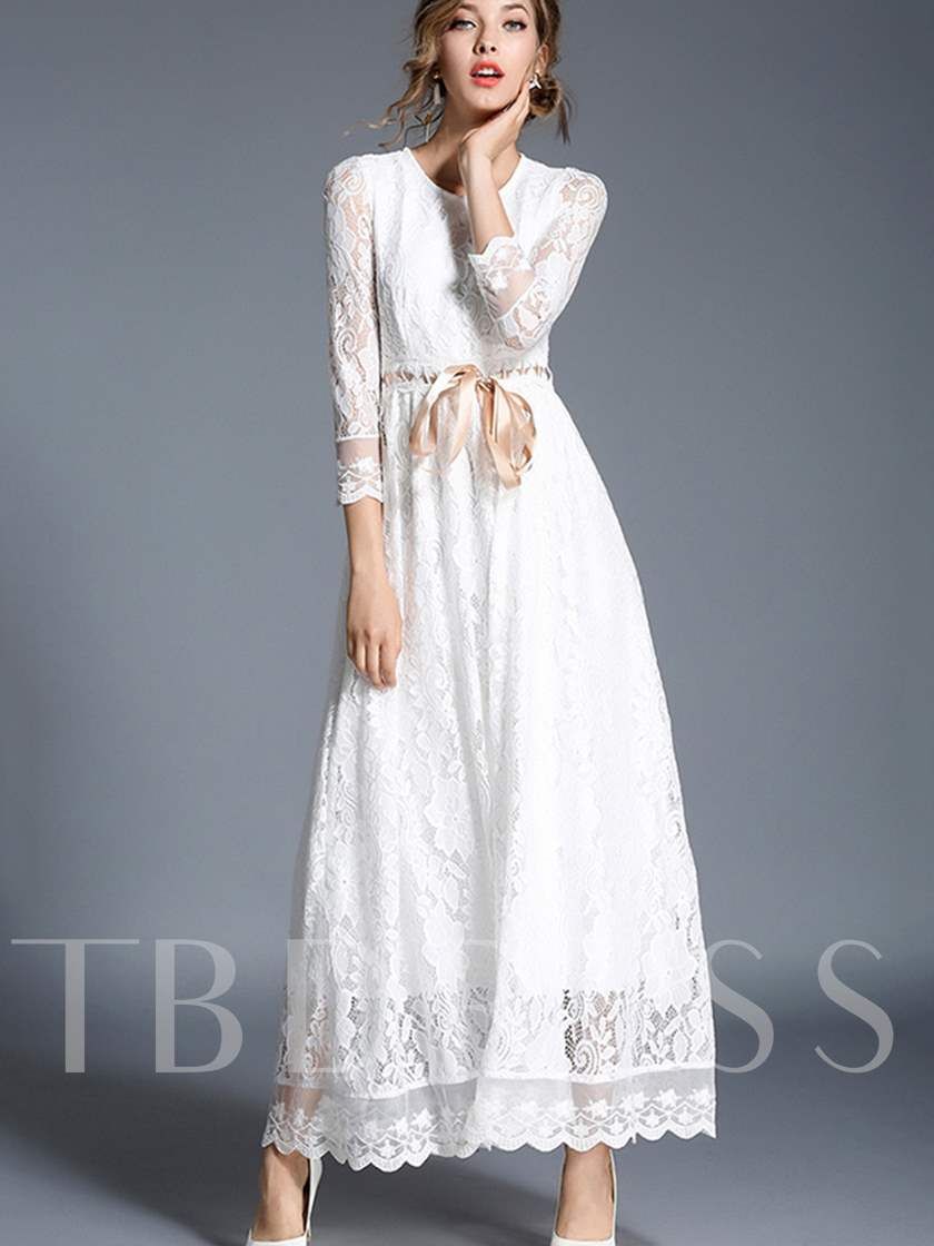 3 4 Sleeve White Lace Dress