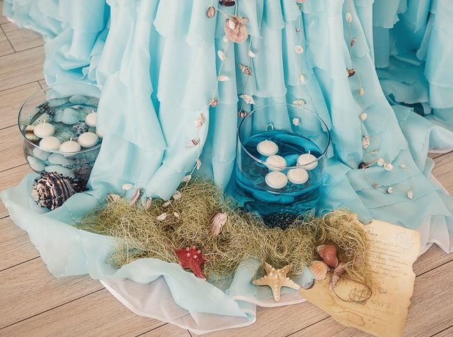beach-themed-wedding-decor-reception-tablecloth-organza-floating-candles-seashells.jpg (650×484) | HOUSE ORGANIZATION | Pinterest | Floating candles Beach the…