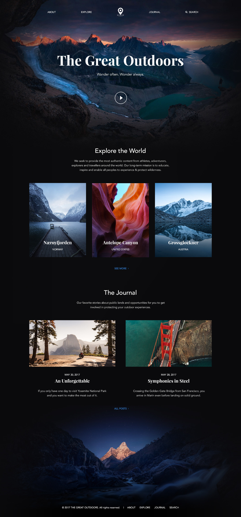 The Great Outdoors on Behance Travel website design, Modern web