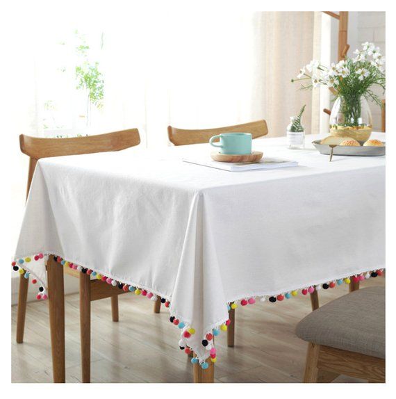 Linen Tablecloth White Pom Rectangle Square Round Oval In 2021 Table Cloth Top Decor Linen Tablecloth White Pom, Round Cloth Table Covers