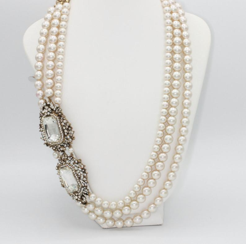 On Sale Multi Colored White Faux Pearl and Gray Bead Silver and Gold Toned Triple Strand Long 34 inch Necklace Costume Jewelry Fashion Acce