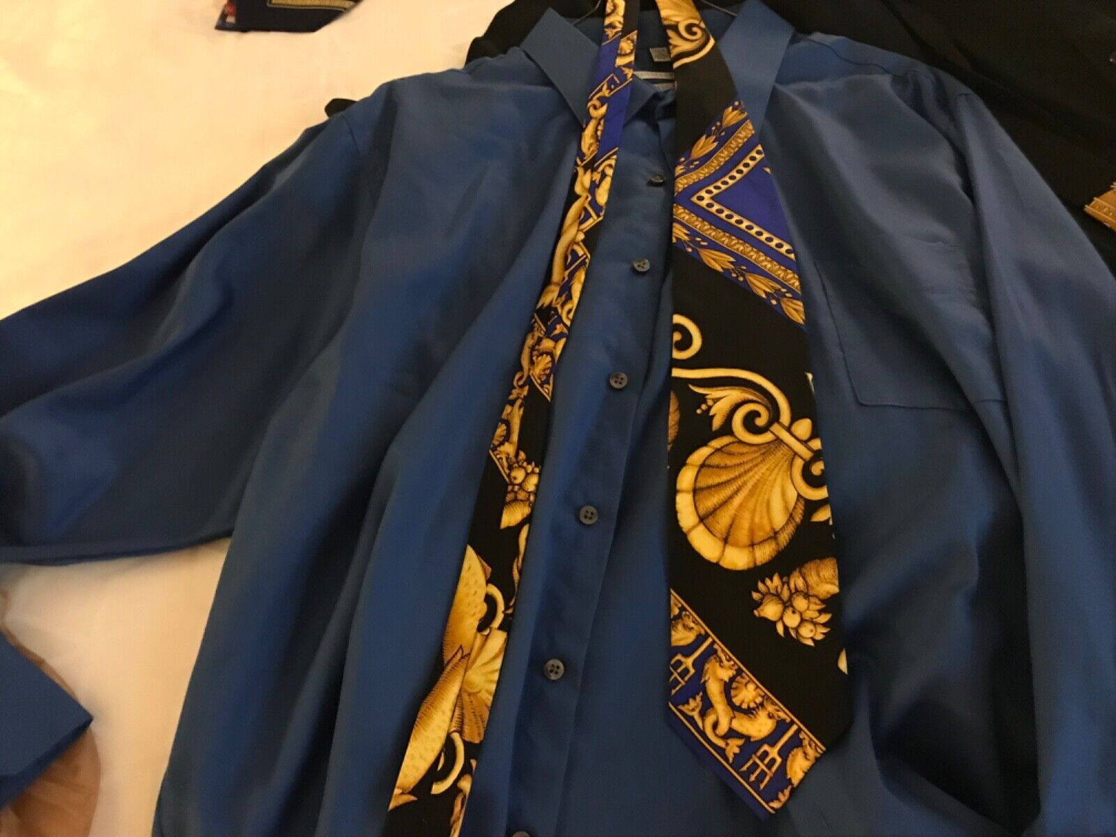 Beautifully designed Versace seashell necktie in excellent condition Blue Fashion, Excellence, Sea Shells, Neck Tie, Versace, Bomber Jacket, Conditioner, Product Description, Im Not Perfect