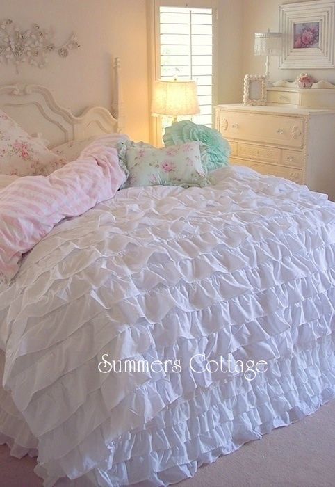 Beach Cottage Chic Dreamy White Ruffles Comforter Set Queen Or King Bedroom Shabby Room Bedding Beach Cottage Chic Dreamy White Ruffles, White Ruffle King Bedding