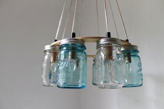 Mason Jar Chandelier, Beach House Mason Jar Lighting Fixture, Blue and Clear Jars, Hanging Pendant Light, BootsNGus Lighting, Bulbs Included Mason Jar Chandelier, Beach House Mason Jar Lighting Fixture, Blue and Clear Jars, Hanging Pendant Light, BootsNGus Lighting, Bulbs Included