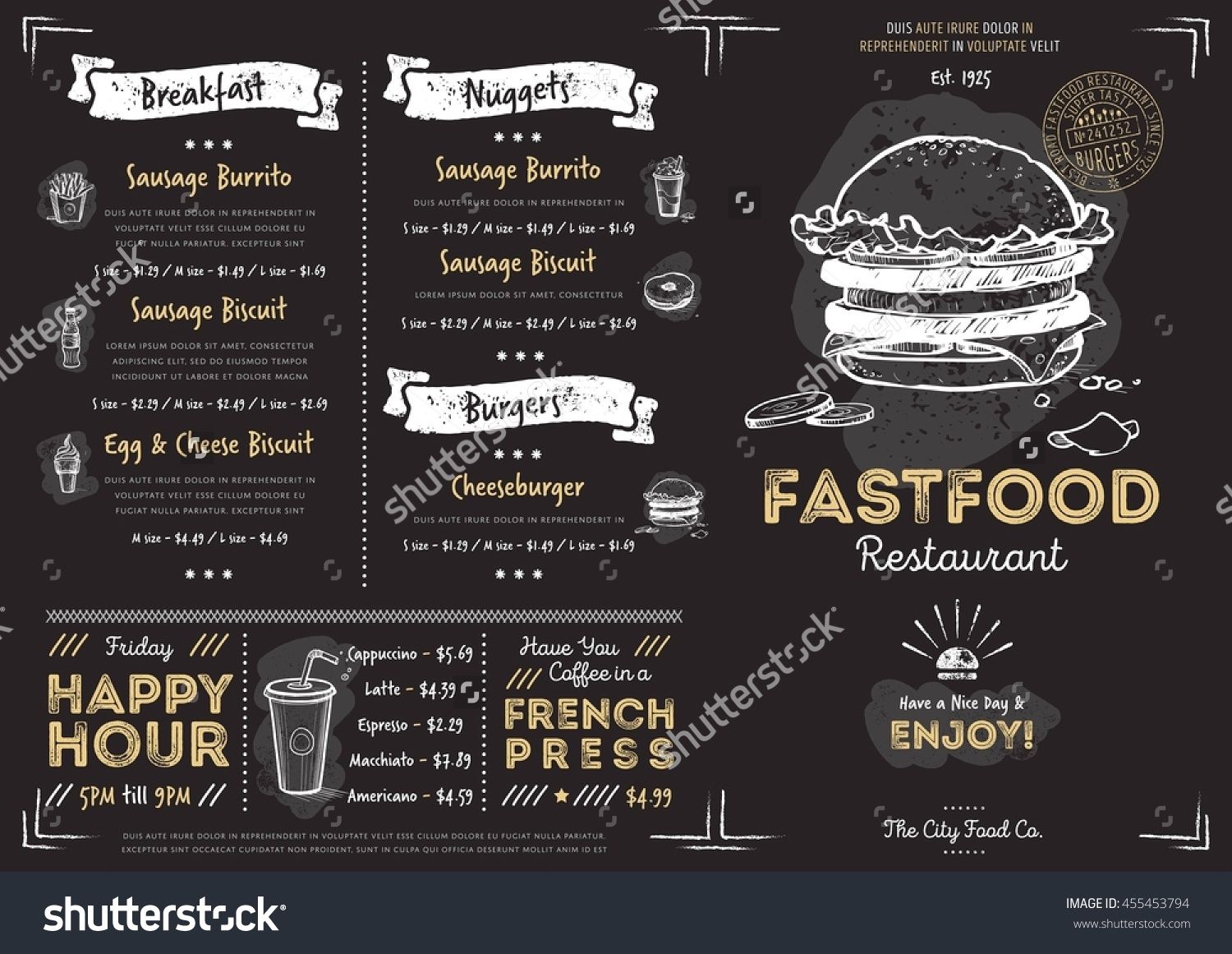 Fast Food Menu Cover Layout With Breakfast Drinks And Other Fast Food Menu Design And Hand Drawn Vector Ilration Restaurant Template With Burger Sketch