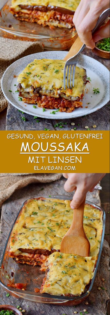 Leckeres Linsen Moussaka mit Auberginen und Kartoffeln. Dieses beliebte griechische Gericht kann spielend leicht ohne Fleisch zubereitet werden und schmeckt trotzdem erstaunlich gut. Das Rezept ist vegan, glutenfrei und relativ leicht herzustellen! #vegan #linsen #moussaka #glutenfrei #abendessen #auflauf #auberginen | elavegan.com/de