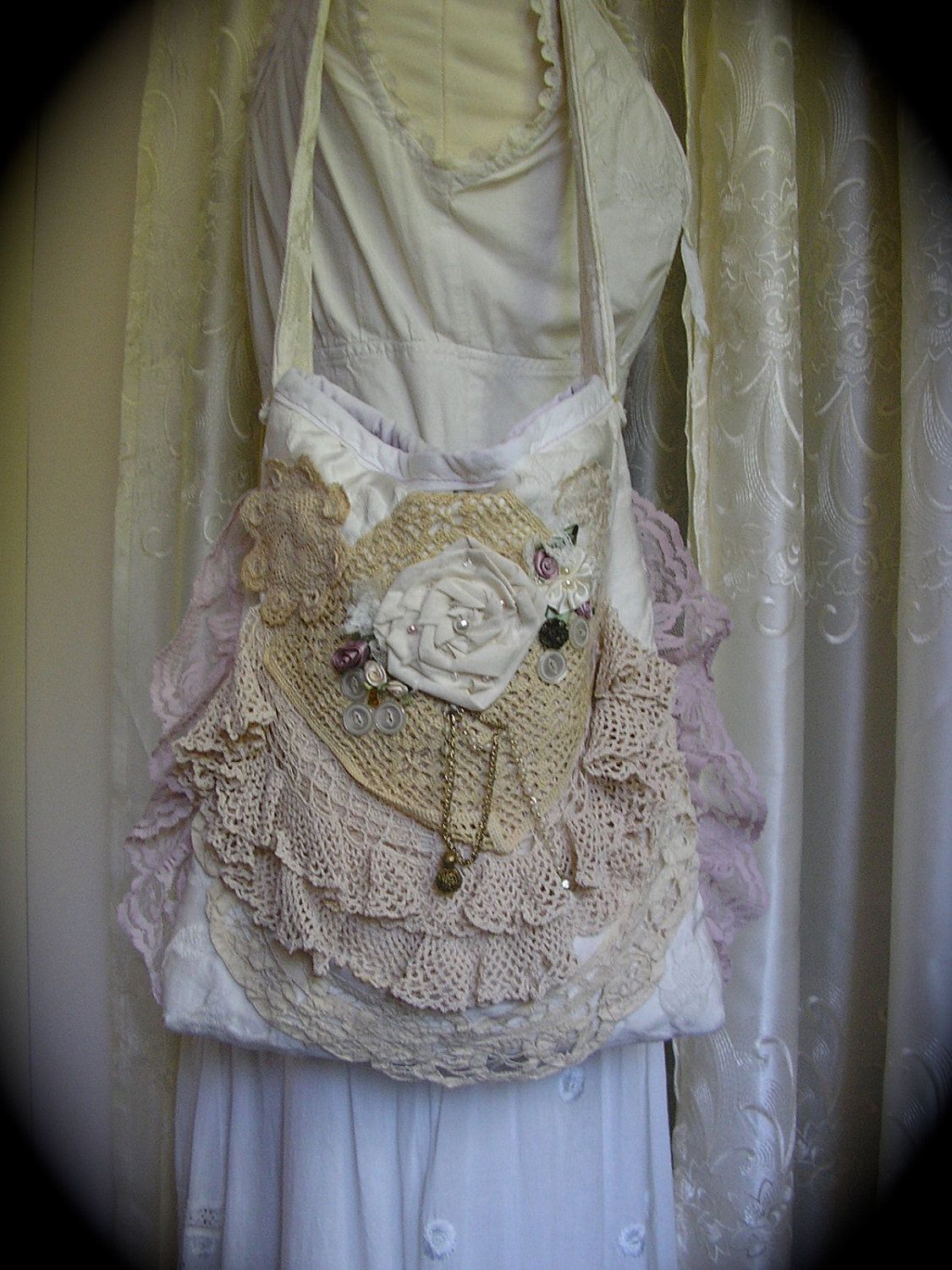 Vintage chenille tote bag doily and lace purse