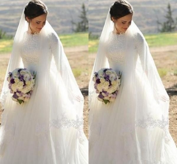 2018 Muslim Wedding Dresses High Neck Half Sleeves Appliques Satin Tulle Floor Length Modest Wedding Gowns Bridal Dress Zipper