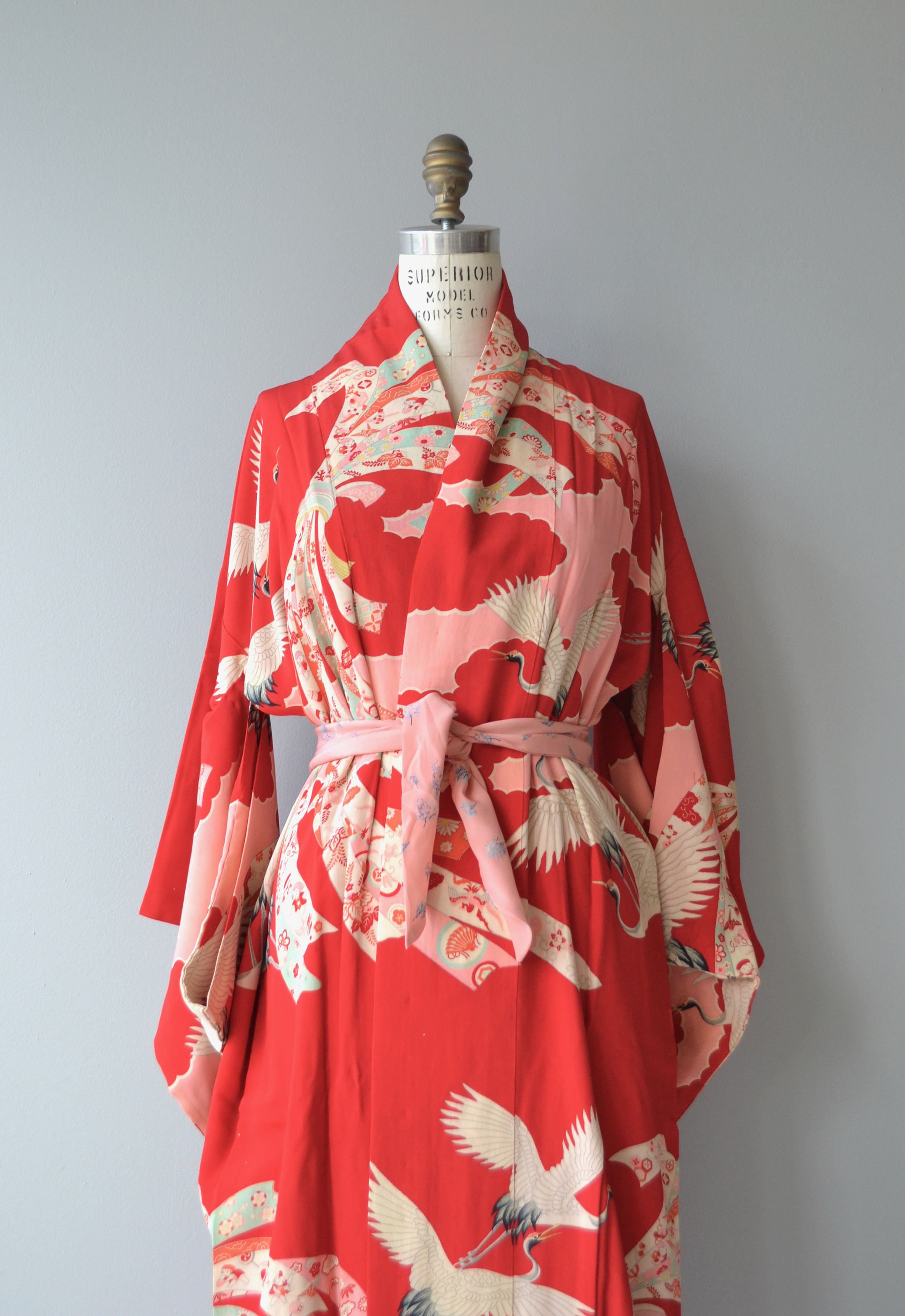 Silk Crane Print Long Red Japanese Kimono