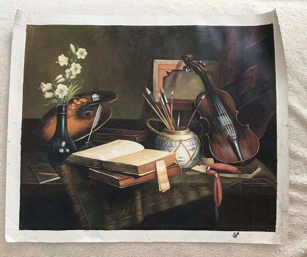 Museum Of Art Painting Of Violin And Books Etc On A Table