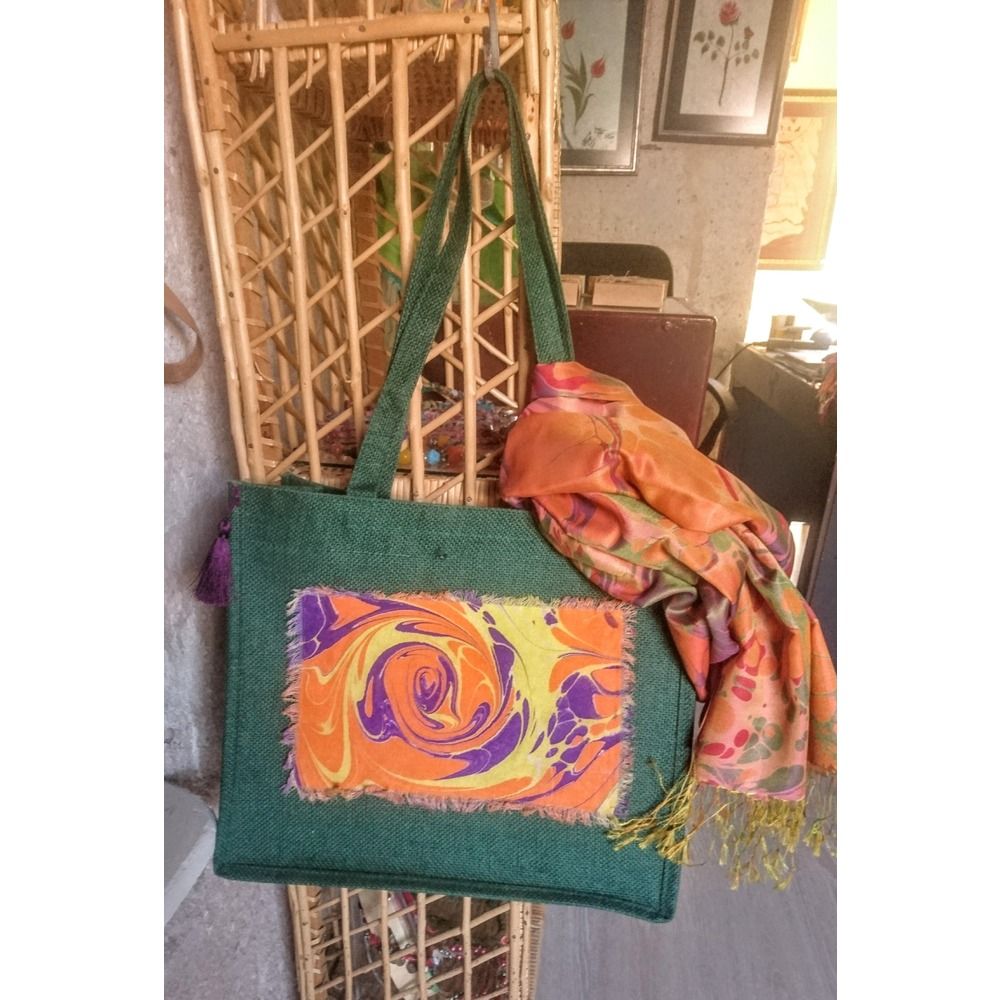 Ebrulu turuncu yeşil keten çanta | Shopier Straw Bag