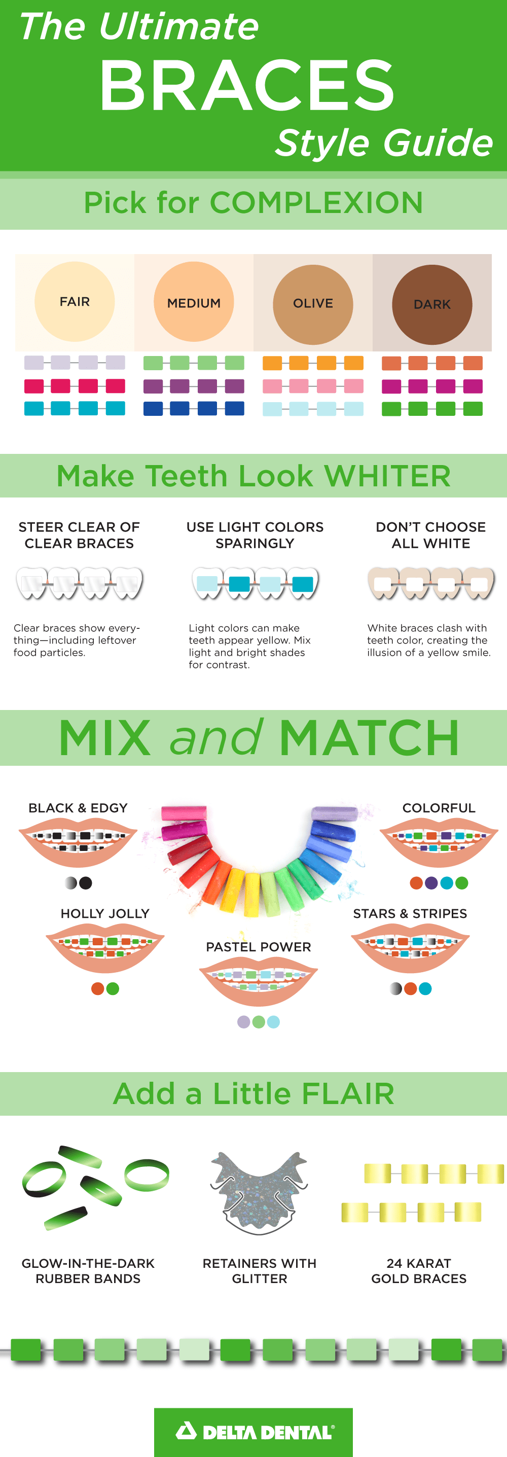 The Ultimate Braces Style Guide | Braces Style and Color | Delta Dental of New Jersey Braces Rubber Bands, Braces Bands, Braces Tips, Dental Braces Colors, Cute Braces Colors, Braces Food, Teeth Braces, Silver Braces, Getting Braces