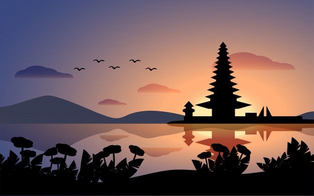Sunset Landscape Of Bali With Temple And Lake | Bali illustration