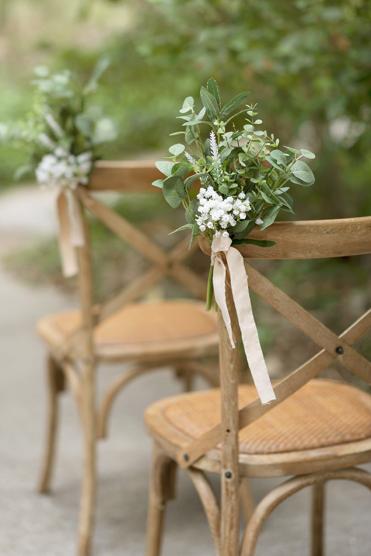 These gorgeous chair decorations, which feel like spring outside, are so naturally compelled your friends and guests to share happiness at the wedding or any other ceremony. PACKAGE DETAILS: Material: Natural artificial eucalyptus and olive leaves matched with vivid baby's breath flowers. Finished durably with beige silk ribbons. Details: The pew flower approx. 11.5 inches in length, 7.5 inches wide. Great Value: Set of 8 pre-made wedding aisle decoration flower pieces.Versatile for pew decorati Sage Wedding, Floral Wedding, Wedding Bouquets, Wedding Ceremony Flowers, Wedding Pews, Winter Wedding, Simple Wedding Flowers, French Wedding, Wedding Ribbon