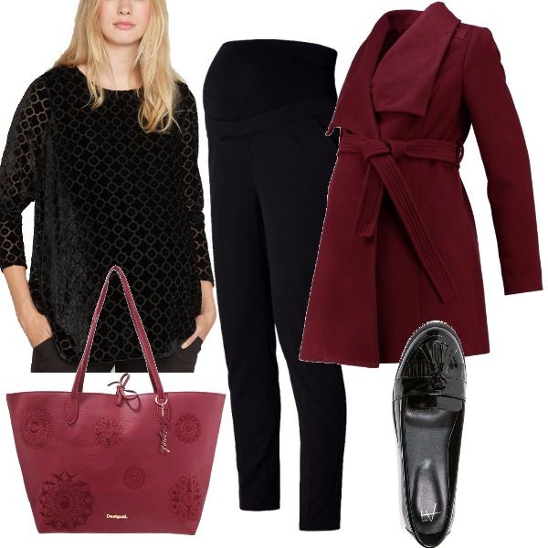 Un outfit comodo, pensato per l'ufficio, magari per il giorno dei saluti prima della maternità. Si basa sul nero e su diverse tonalità di bordeaux. La maglia è in velluto nero, con stampe geometriche, i pantaloni, anch'essi neri, sono comodi grazie alla fascia in vita. Scarpe basse, con nappine, cappotto corto bordeaux come la capiente borsa a mano, per completare l'outfit. #magariungiorno