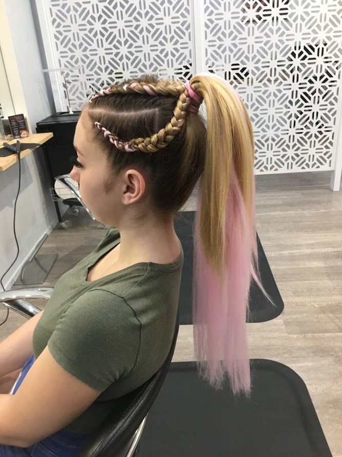 4 braids into a high ponytail with added pink extensions Allure hair, Festival hair, Braided