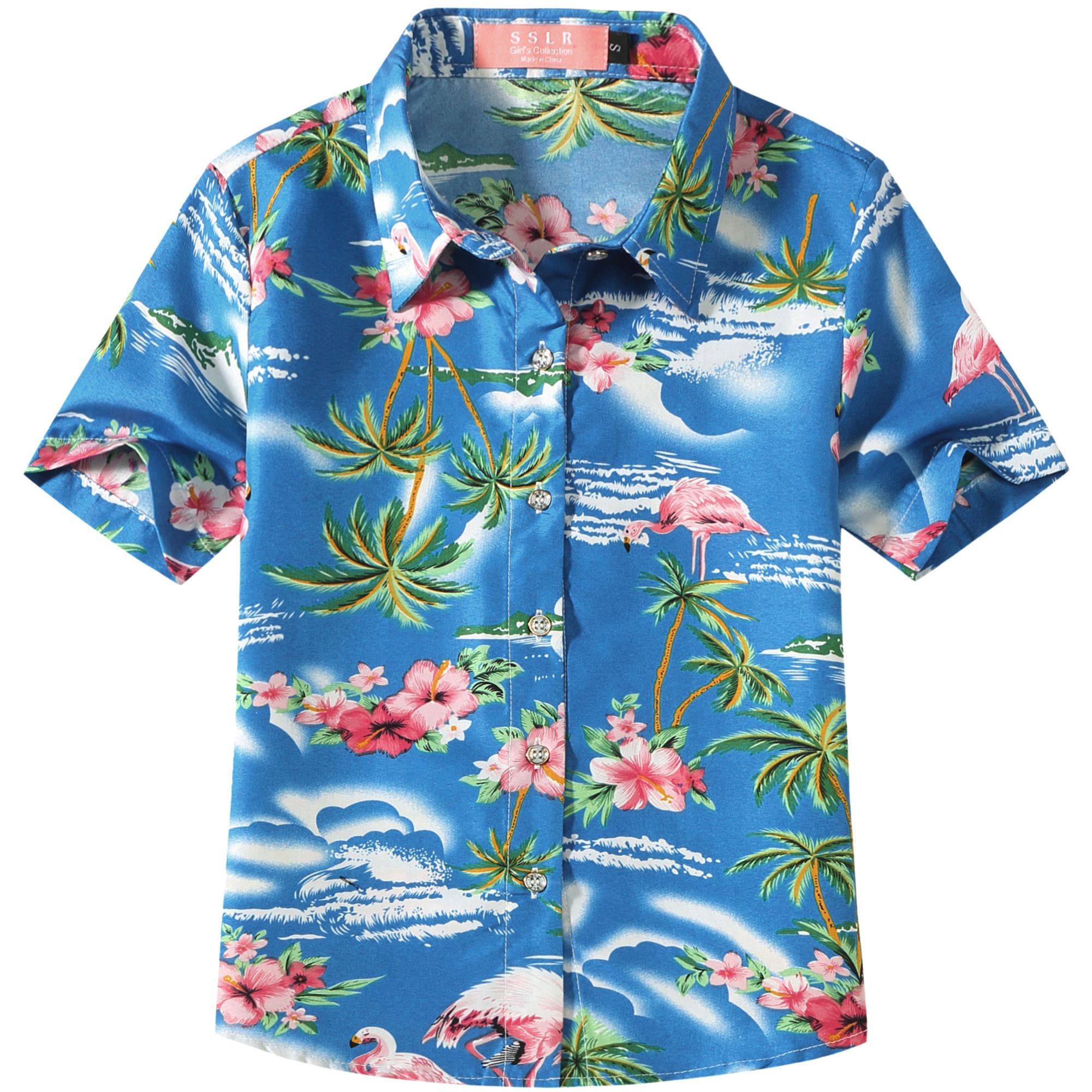 SSLR Big Girls Flamingos Button Down Short Sleeve Hawaiian Shirt