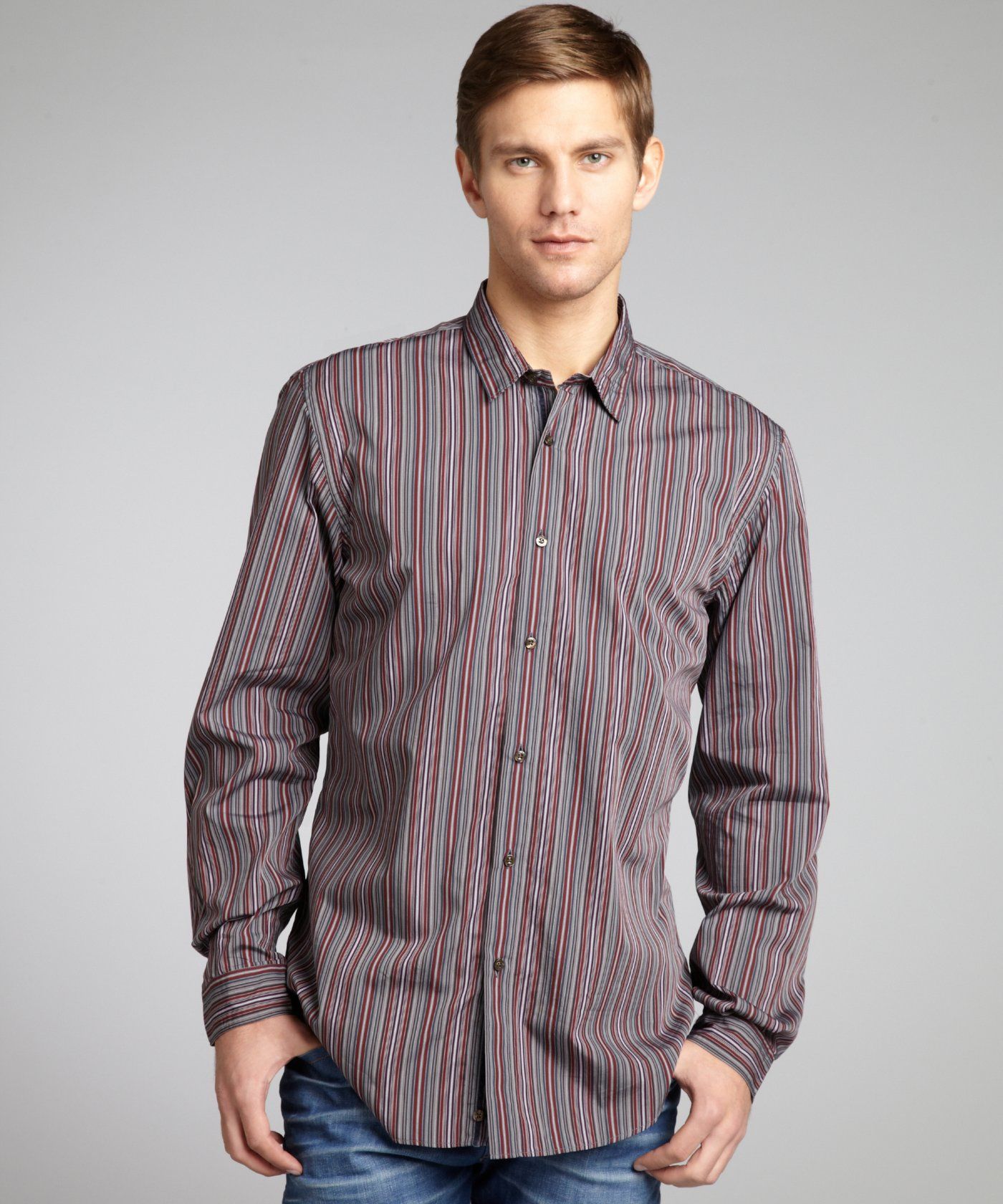 Mens. ETRO Button Down Shirt in Cotton Bordeaux Stripes
