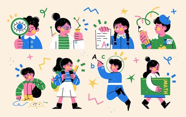 Collection of Cute happy children ready to go to school flat style vector illustration