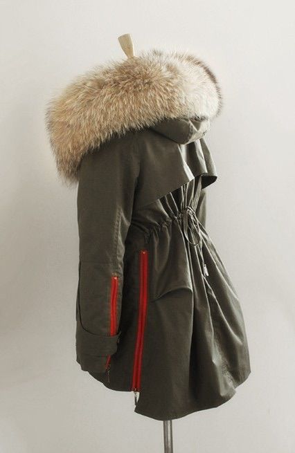 Parka Jacket With Real Fur Hood Red Zipper Detail Parka Blazer Ceket Mont