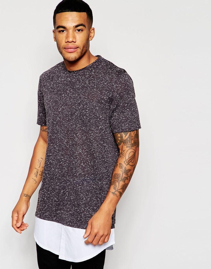 Download ASOS | ASOS Super Longline T-Shirt With Mock Shirt Hem In Black Neppy Fabric at ASOS | Latest ...