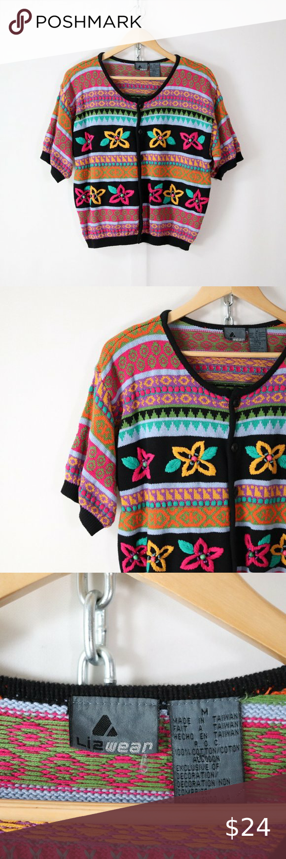 Vintage Graphic Sweater 1990s 90s Pullover Sweater White Pink Floral Small S Medium M