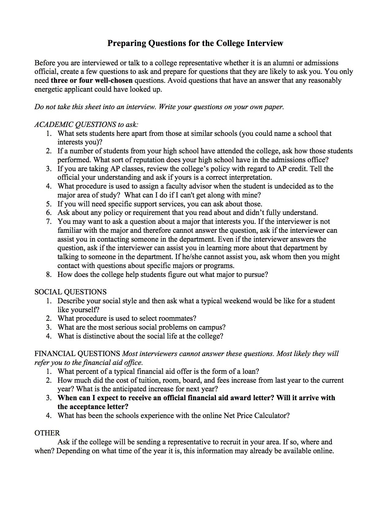 Preparing Questions for the College Interview College interview