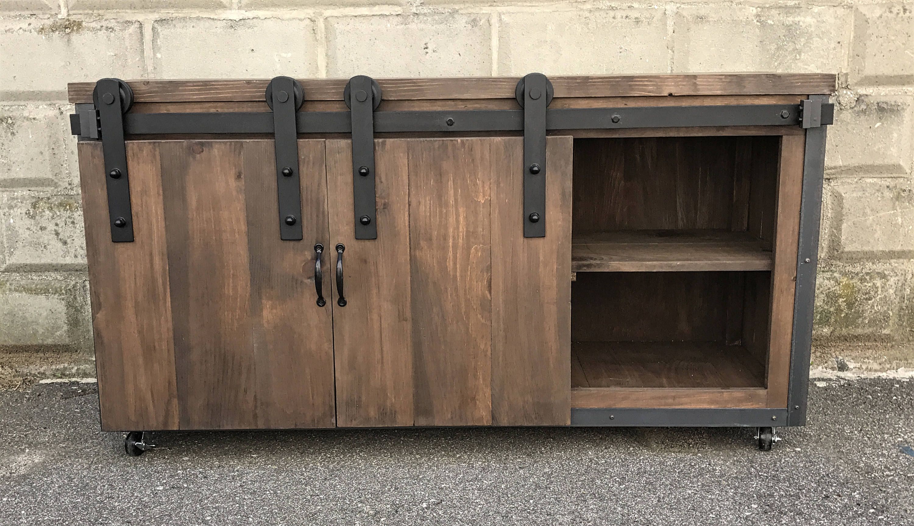 Rustic Industrial Barn Board Media Stand w/ Sliding Doors 55