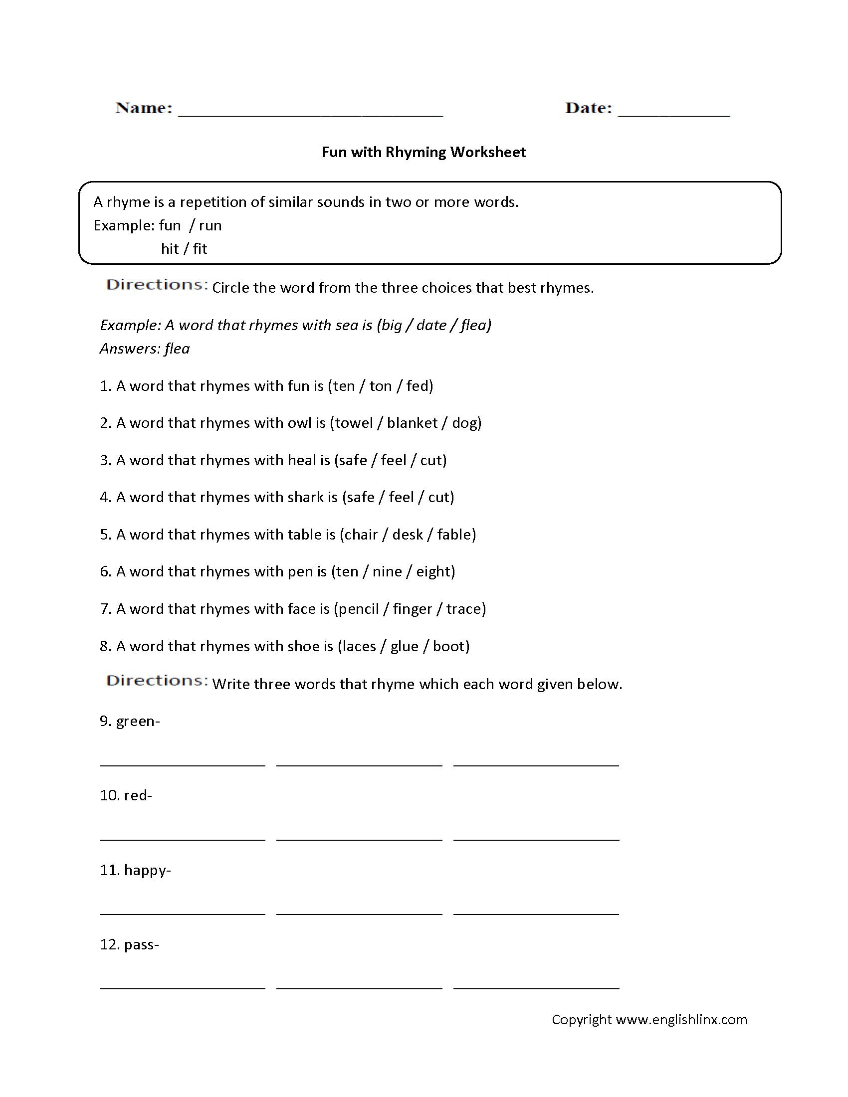 4 Worksheets Rhyming Words aw