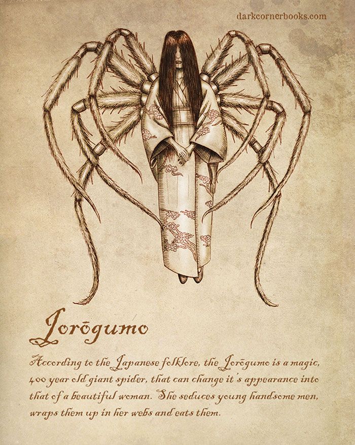 According to the Japanese folklore, the Jorōgumo is a magic, 400 year old giant spider, that can change its appearance into that of a beautiful woman. She seduces young handsome men, wraps them up in her webs and eats them. Mythical Creatures Art, Mythological Creatures, Magical Creatures Mythology, Mythological Monsters, Japanese Mythical Creatures, Myths & Monsters, Sea Monsters, Legends And Myths, Arte Obscura