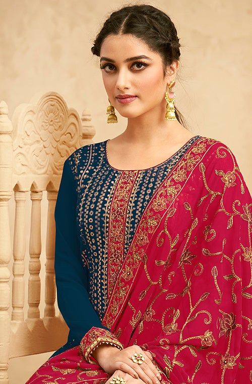 Blue & Raspberry Red Pink Designer Embroidered Pant Suit-Saira's Boutique Suit Fabric, Top Fabric, Pink Fabric, Green Fabric, Georgette Tops, Embroidered Pants, Lehenga Online, Indian Lehenga, Lace Border