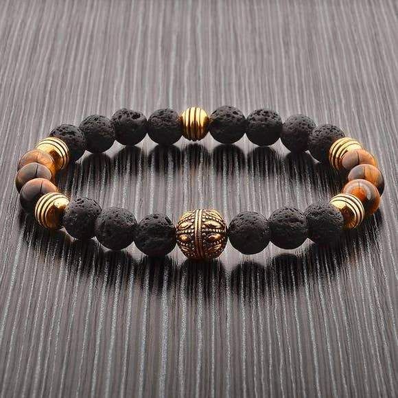 Men's Lava Stone and Tiger's Eye Bracelet Bracelets For Men, Fashion Bracelets, Mens Bracelet, Beaded Stretch Bracelet, Stretch Bracelets, Beaded Bracelets, Jasper Bead Bracelet, Jasper Beads, Steel Detail