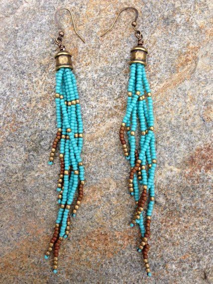 Turquoise Seed Bead Earrings Long Boho Long Turquoise Seed Bead Earrings By Wandersoulart On Etsy 25 00