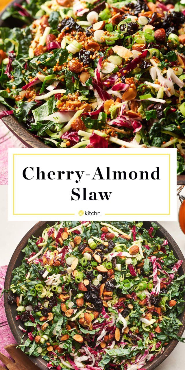 This Kale Slaw with Honey-Mustard Almonds and Dried Cherries is what Thanksgiving or holiday side dish dreams are made of. You can get all of the ingredients at Trader Joe's for an easy, delicious green element on your plate full of carbs. Salad Recipes Video, Salad Recipes For Dinner, Slaw Recipes, Healthy Salad Recipes, Delicious Salads, Vegetarian Recipes, Cooking Recipes, Cherry Recipes Dinner, Cherry Salad Recipes