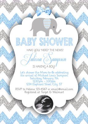 Elephant Baby Shower Invitations Blue Gray Glitter Chevron