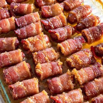 Little Smokies Wrapped in Bacon with Bacon, Smoked Sausages, Brown Sugar. #baconappetizers #baconwrappedsmokies